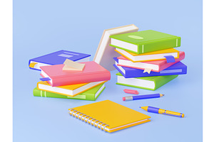 3d Books, Notepad, Pencil, Pen And