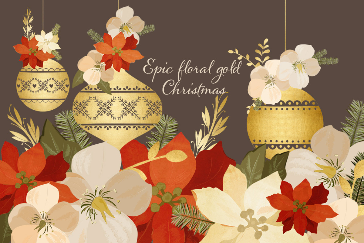20% OFF! Floral Gold Christmas Pack, an Illustration by Chus Moreno Studio (Photo 1 of 7)