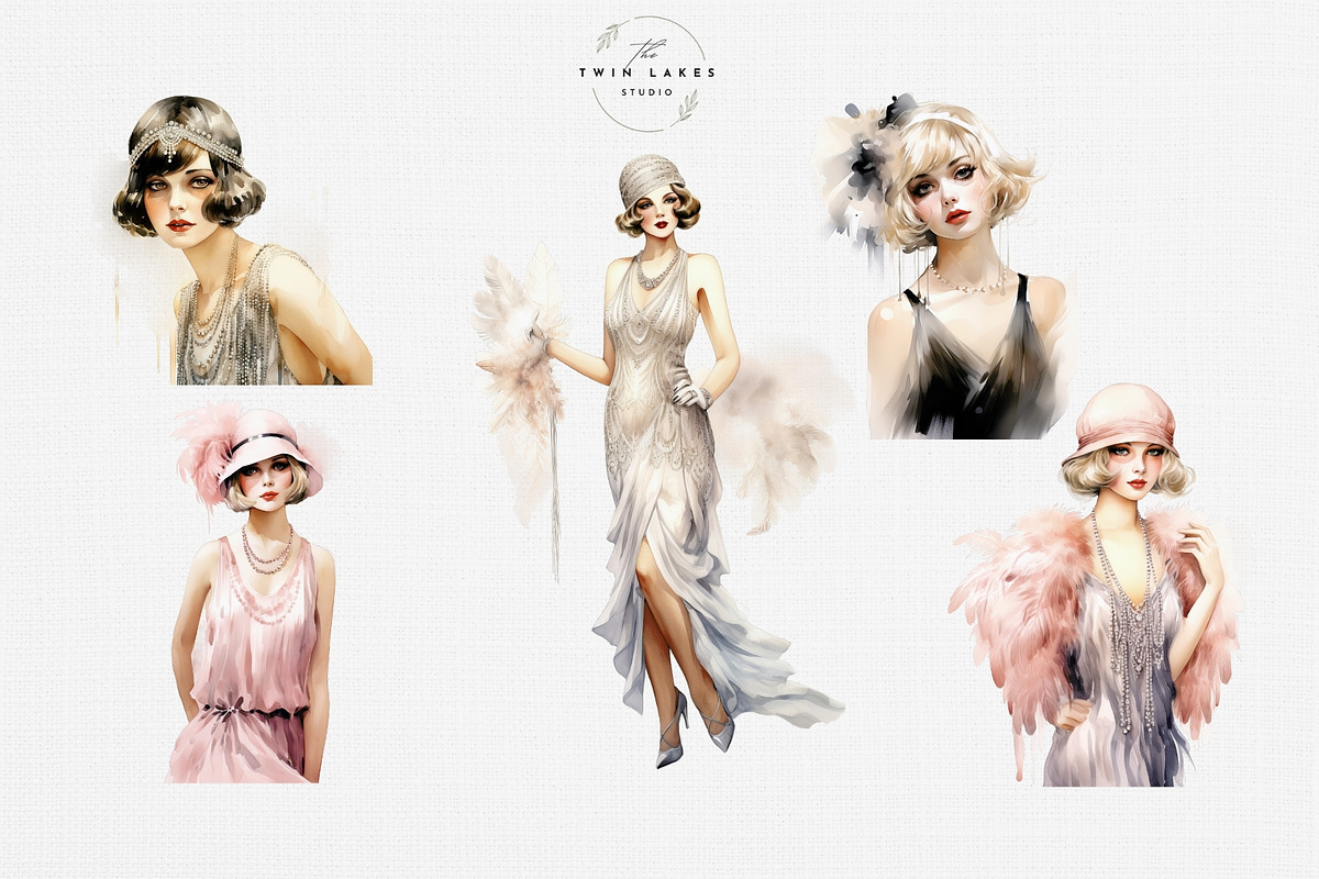 Watercolor Flapper Girls Clipart Set, a Person Illustration by The Twin Lakes Studio (Photo 3 of 11)
