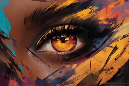 A close-up of a striking eye with vibrant orange and yellow hues, surrounded by, a Wallpaper Graphic by Textures & Backgrounds