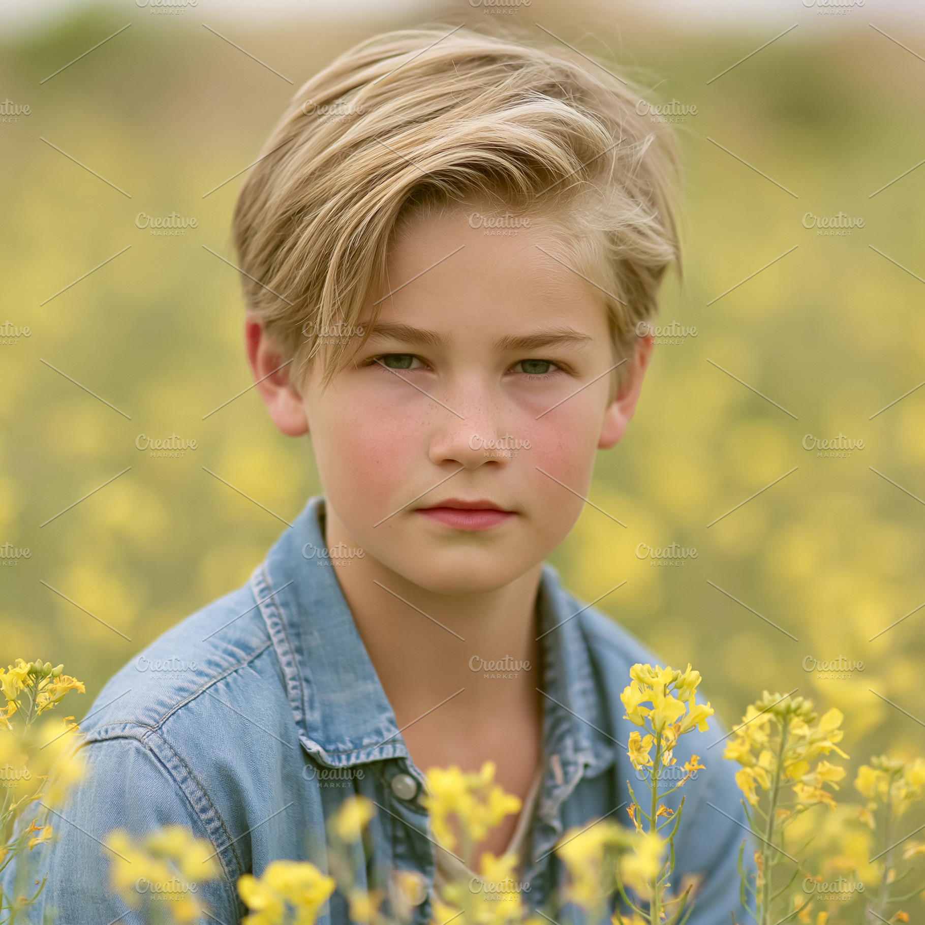 Blonde boy wearing denim shirt, looking at camera while sitting, a Person Photo by Studio ANNA