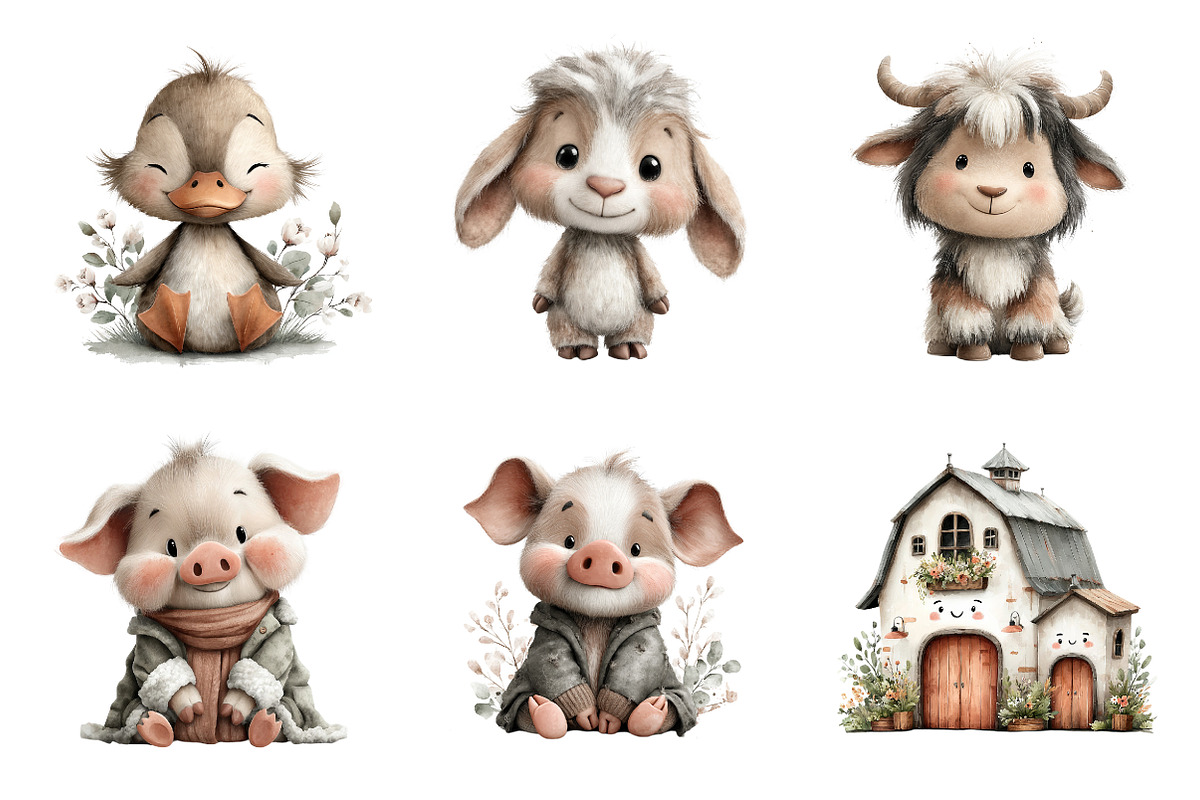 Watercolor cute animals farm clipart, an Illustration by SinaCreation (Photo 3 of 10)