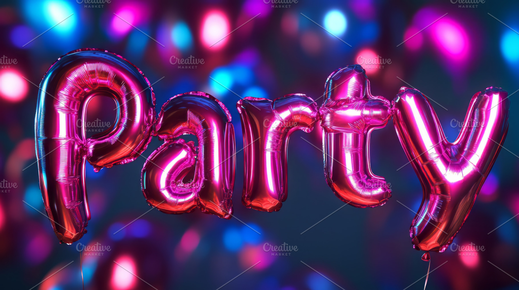 Metallic Gold Balloon Letters Spelling Party with Neon Backgroun, an Abstract Photo by Natalia Klenova's Shop