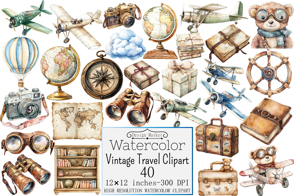 Watercolor Vintage Travel Clipart, a Seasonal Illustration by Design Market (Photo 1 of 5)