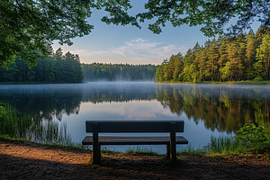 Bench in park with view on the lake in the morning, a Photo by AlyaAnd