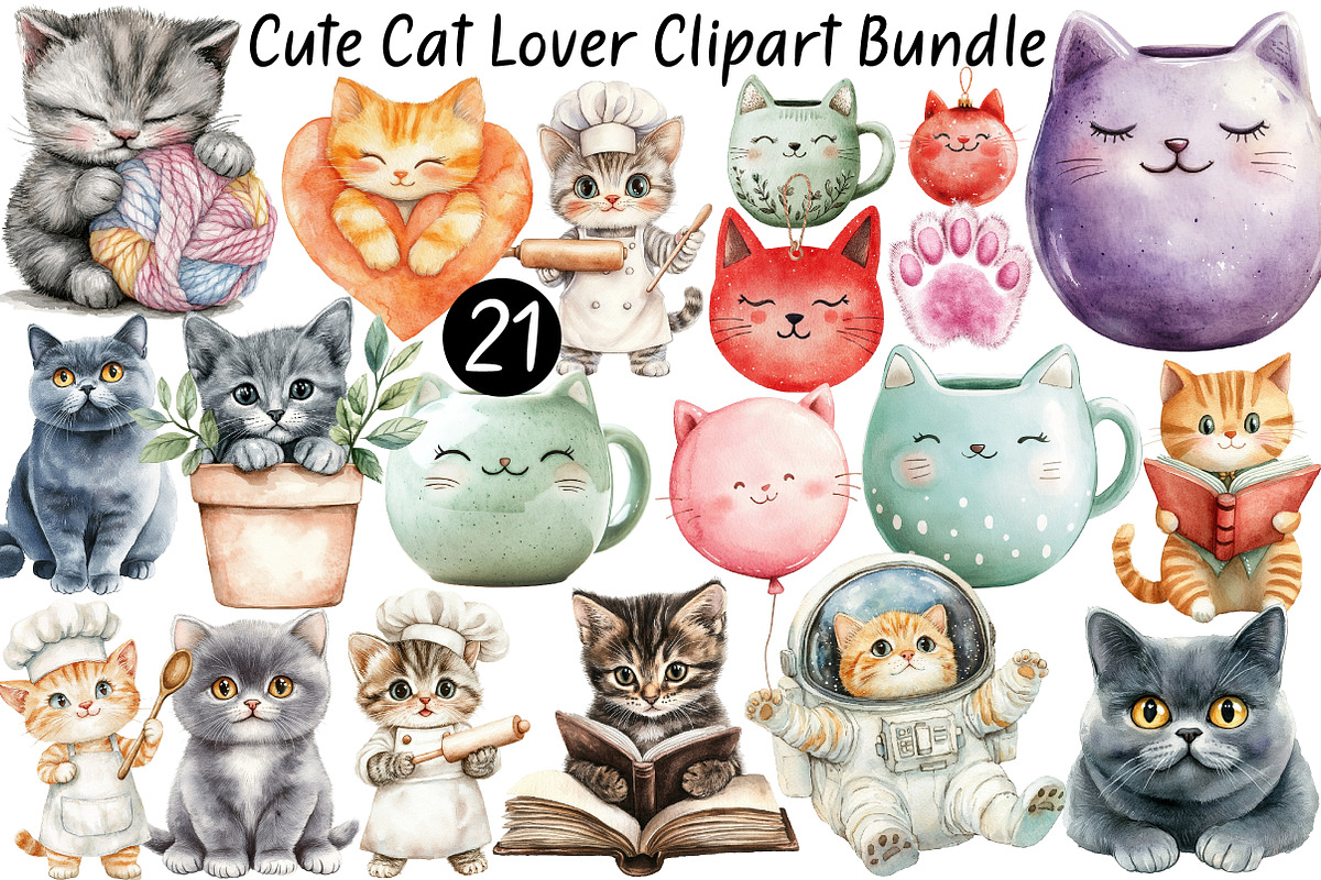 Watercolor Cute Cat Lover Clipart, a Seasonal Illustration by CitraGraphics (Photo 1 of 6)