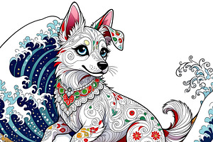 Cute Dog on a Big Wave, an Animal Illustration by Sharon Schwalbe