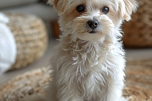 Adorable small Maltese dog with fluffy white fur sitting on a woven rug in a co, an Animal Photo by ImageMir