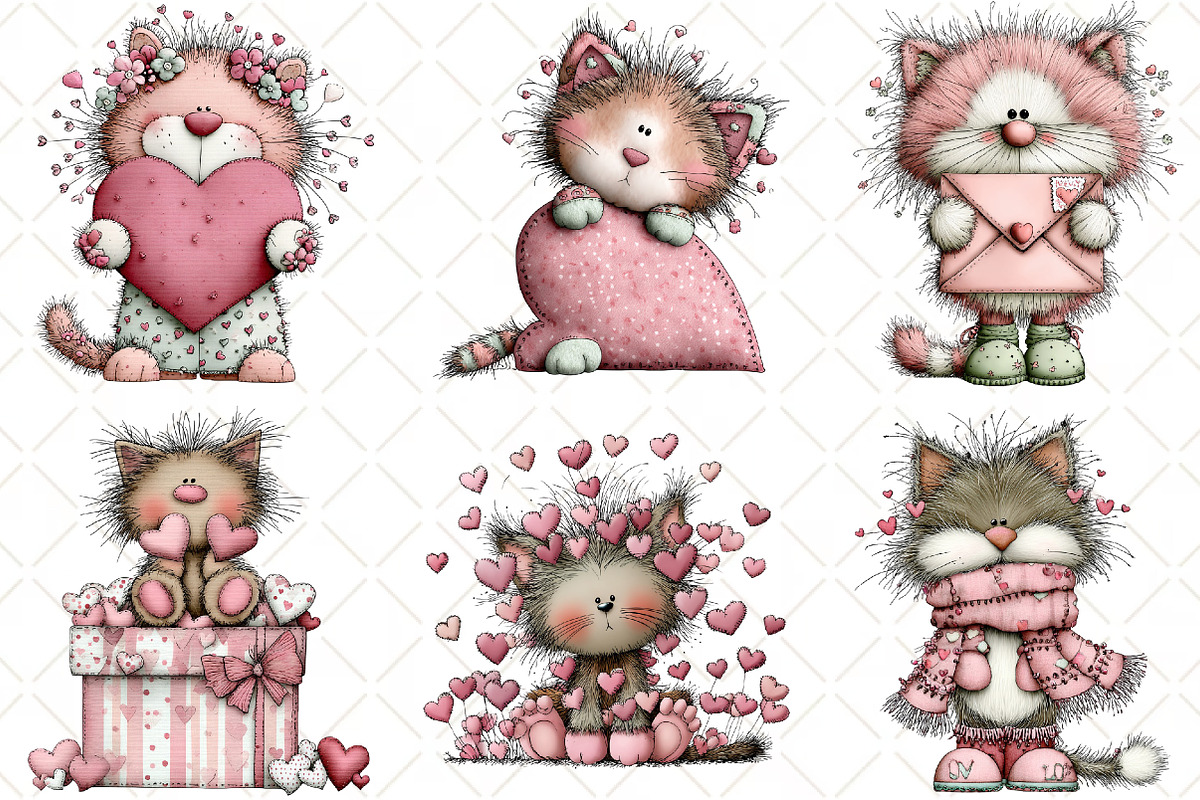Whimsical Cats Valentines Day Clipar, an Illustration by Black Bird Studio (Photo 4 of 6)
