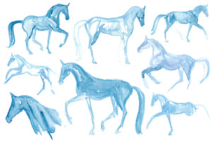 Watercolor Horses in Blue