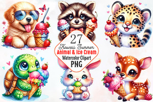 Kawaii Summer Animals & Ice Cream, an Illustration by RobertsArt