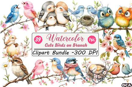 Cute Birds on Branch Clipart, an Illustration by DreamCafeArt