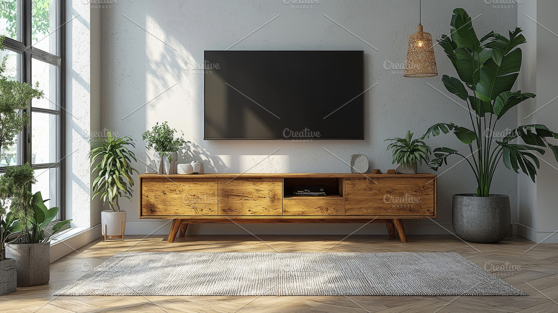 Modern bright living room with wooden furniture and plants near natural light w, a Photo by AS photostudio