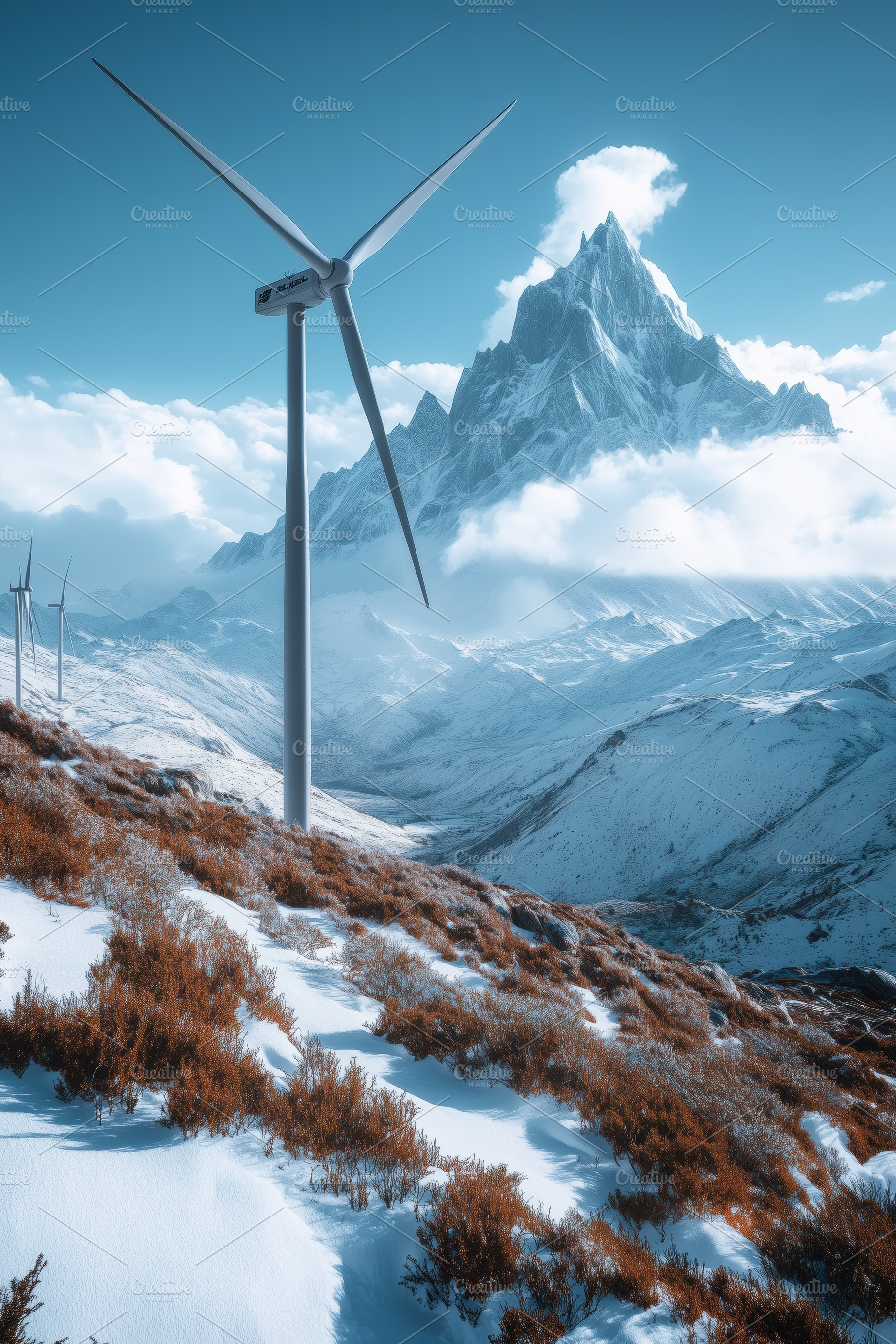 A serene landscape featuring a wind turbine in the foreground, surrounded by sn, an Industrial Photo by Textures & Backgrounds