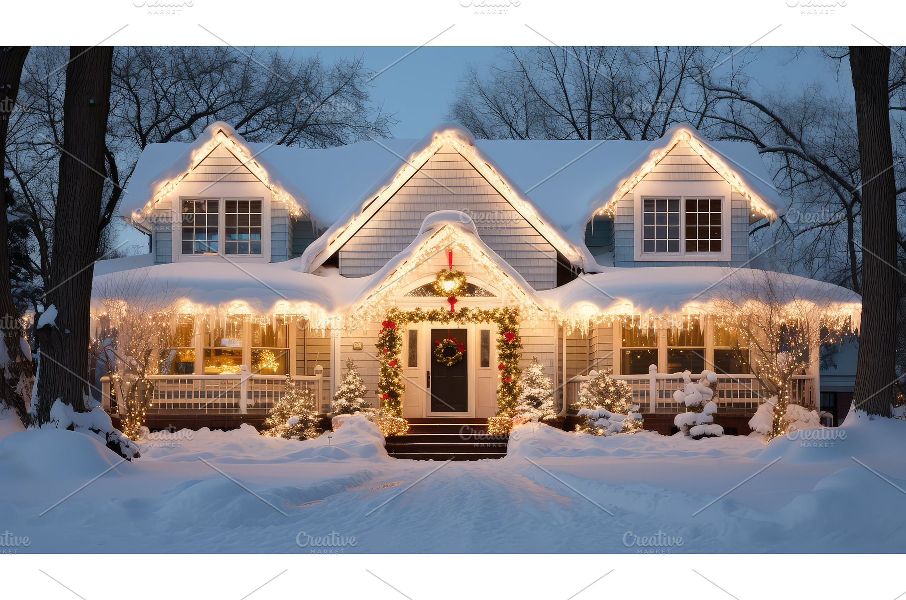 snow christmas lights exterior house, a Holiday Photo by pikepicture