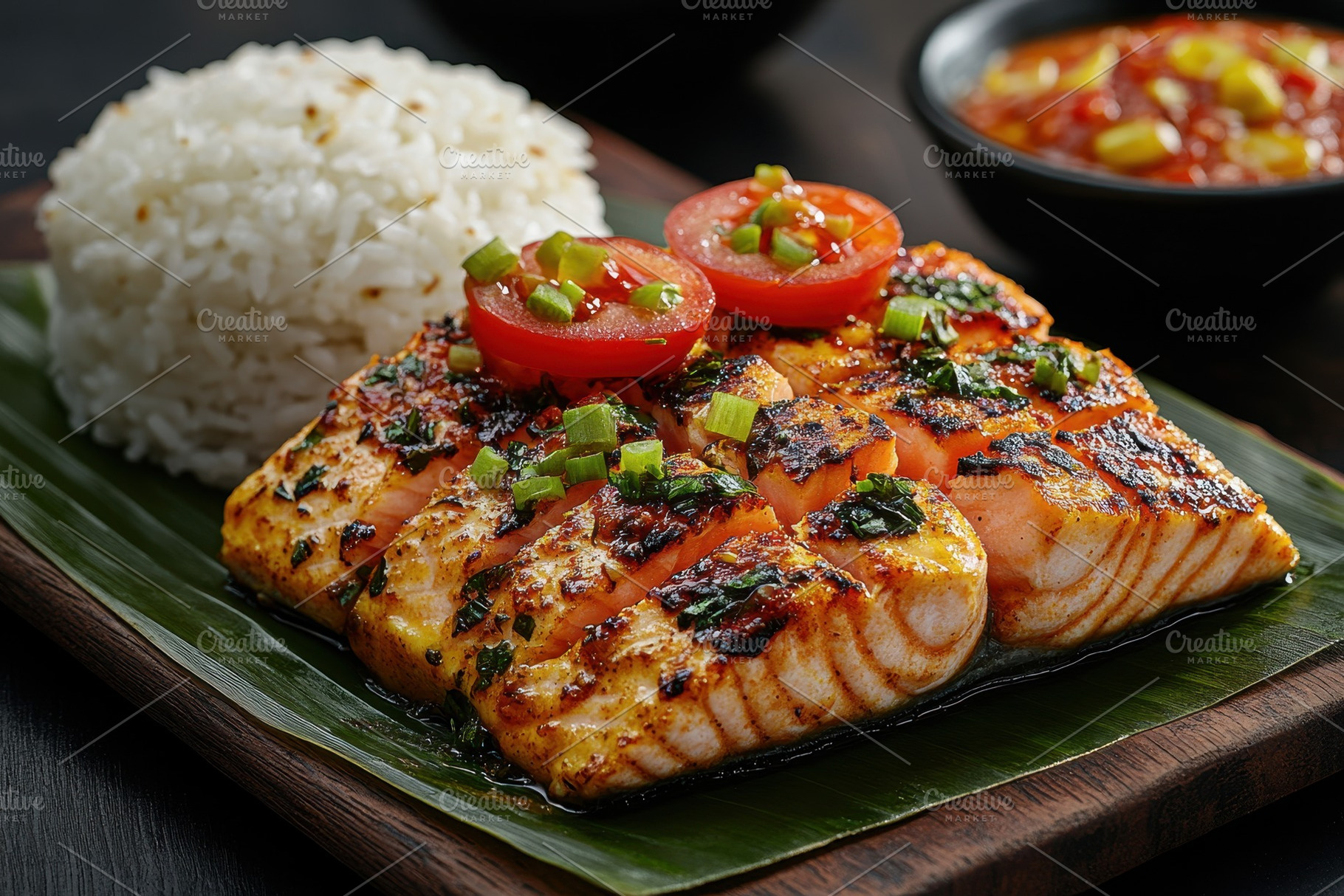 Grilled salmon fillet served with ri, a Photo by Tanuart