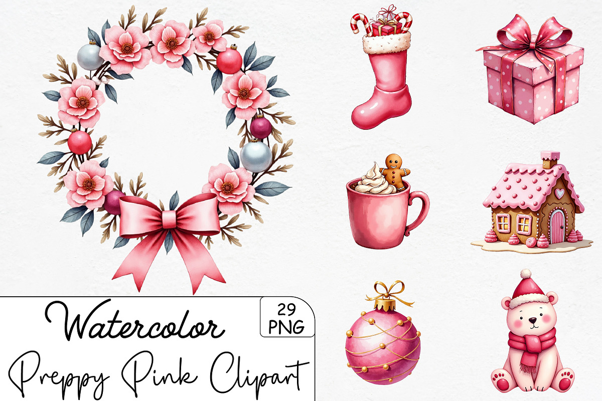 Preppy Pink Christmas Clipart, an Illustration by CrexoraLab (Photo 1 of 5)