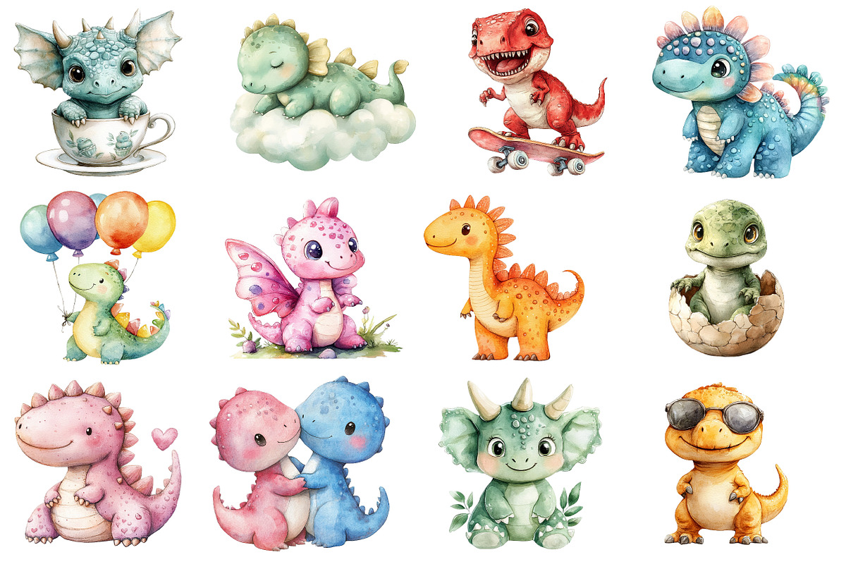 Watercolor Cute Baby Dinosaurs Png, an Illustration by SinaCreation (Photo 2 of 5)