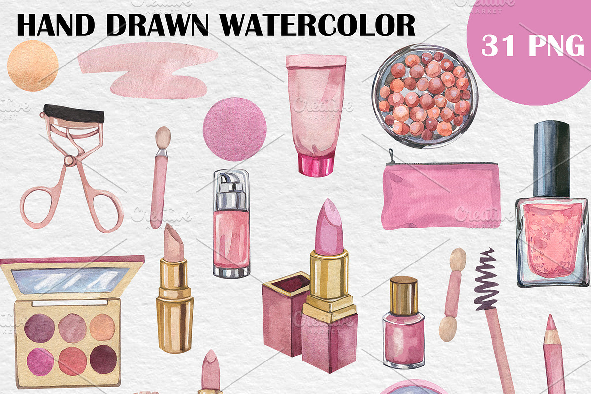 Watercolor Pink Make up Clipart, PNG, a Healthcare Illustration by PatternPalette (Photo 2 of 2)