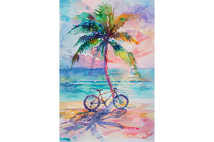 Palm Tree and Bicycle Tropical Art, a Decorative Illustration by Art Paradise Studios