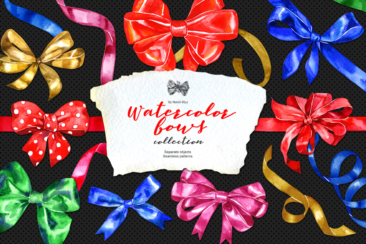 Bows and ribbons-big watercolor set, a Decorative Illustration by NataliMiasStore (Photo 1 of 8)