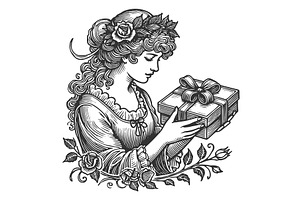 woman holding gift box engraving, a Person Illustration by AlexArt