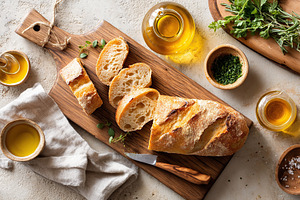 Freshly sliced artisan bread on a wooden cutting board with olive oil and herbs, a Food & Drink Photo by AlyaAnd