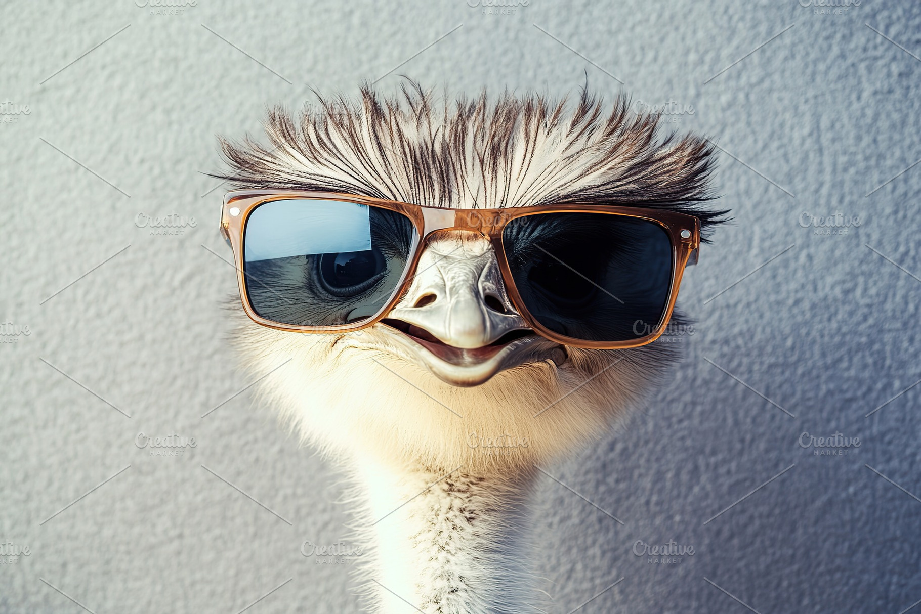 Ostrich wearing sunglasses poses playfully against a textured wall background, an Animal Photo by AlyaAnd