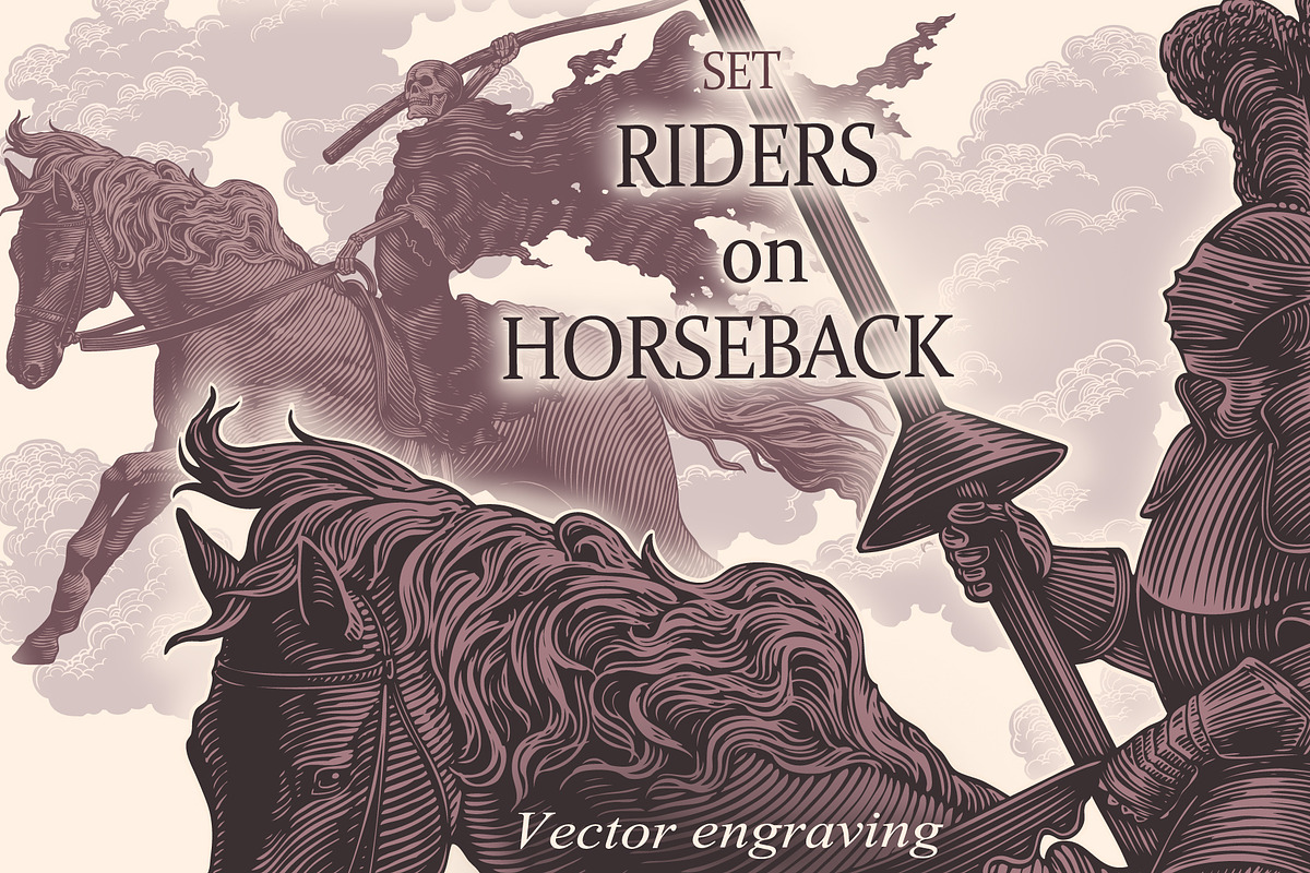 Design set Riders on horseback, an Animal Illustration by Vector Engraving (Photo 1 of 4)