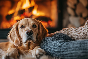 Cozy golden retriever resting by the, an Animal Photo by Pixeness Studio