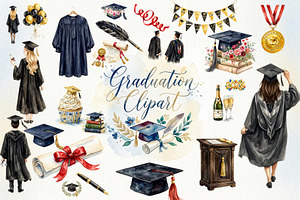 Watercolor Graduation Clipart PNGs, an Education Illustration by VetalStock
