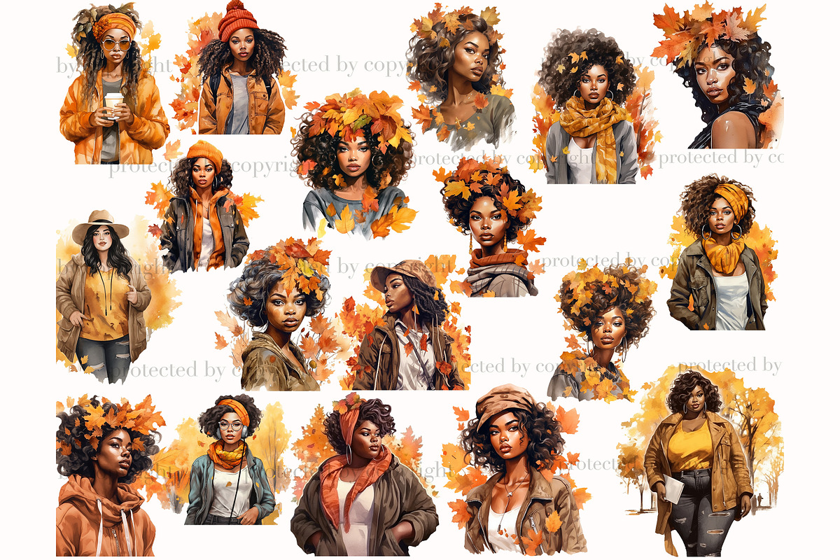 Watercolor Autumn Black Girl Clipart, a Person Illustration by GlamArtZhanna (Photo 2 of 5)