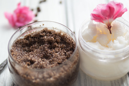 Coffee body scrub with sugar and coc containing scrub, coffee, and coconut, a Health & Medical Photo by PavelKant
