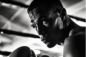 boxer in ring corner, eyes locked, a Sports & Recreation Photo by Sergey Kotenev