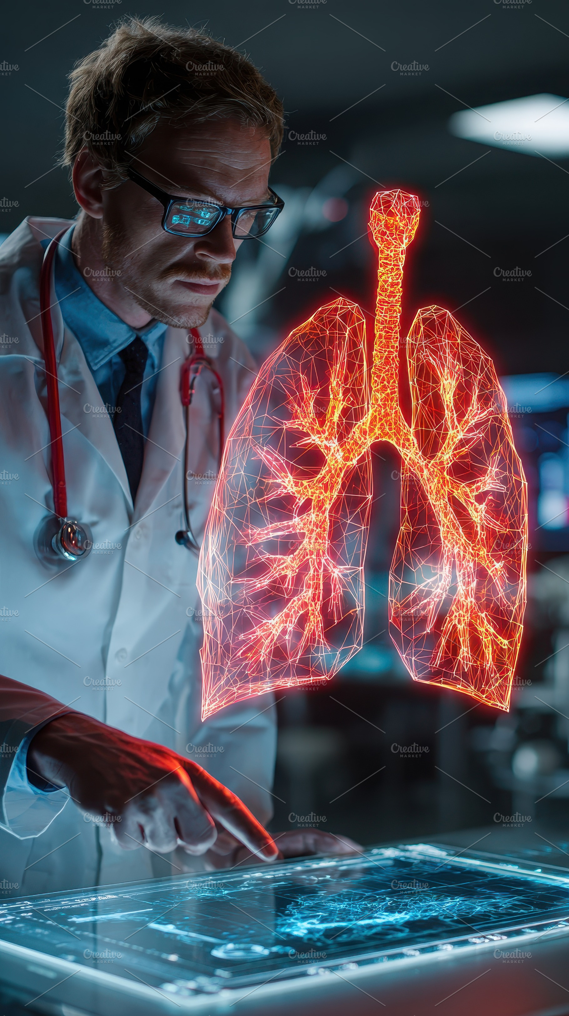 Doctor examining digital lungs moder, a Photo by Pixeness Studio