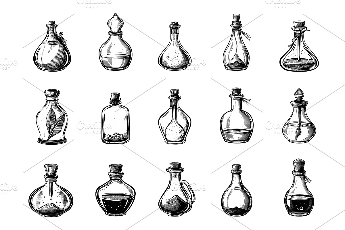Diverse Magic Potion Bottles etching, a Food Illustration by LadadikArt