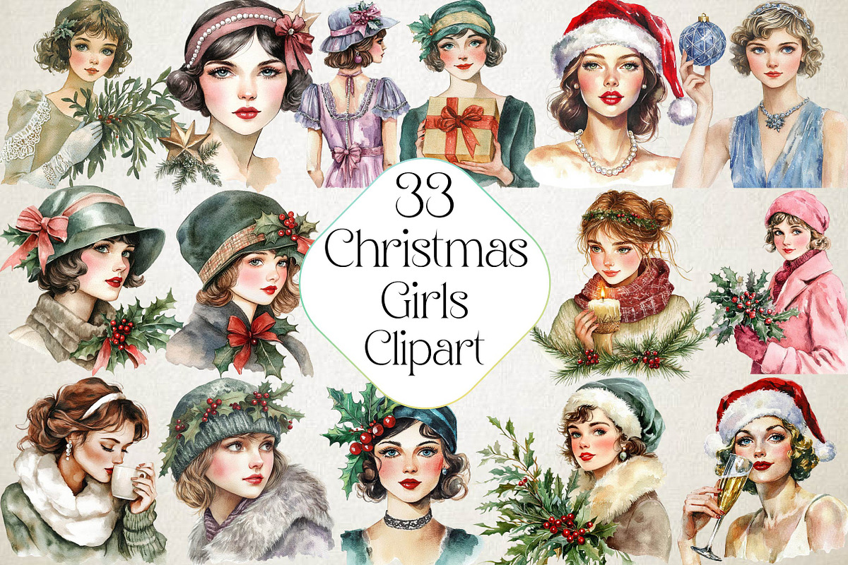1920 Coquette Christmas Girls Clipar, an Illustration by DreamPrint404 (Photo 1 of 7)