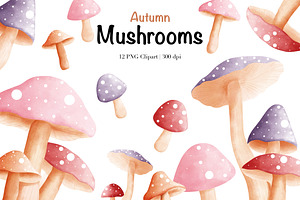 Watercolor Autumn Mushrooms Clipart.