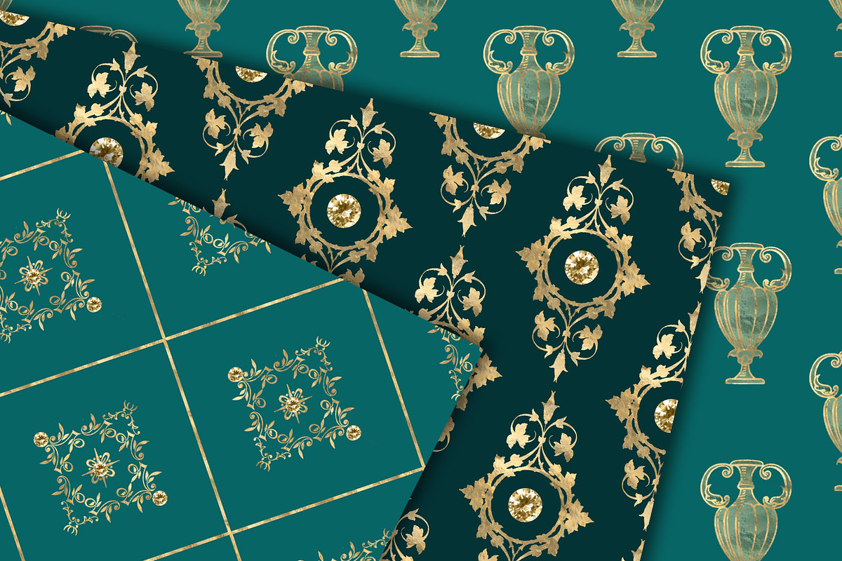 Victorian Teal & Gold Patterns, a Pattern Graphic by Digital Curio