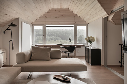 Light modern interior with sloping containing interior, modern, and cottage