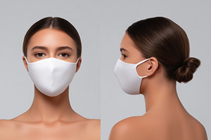 A model wearing a white face mask mockup, showcasing front and side views, with, a Mask Mockup by Textures & Backgrounds