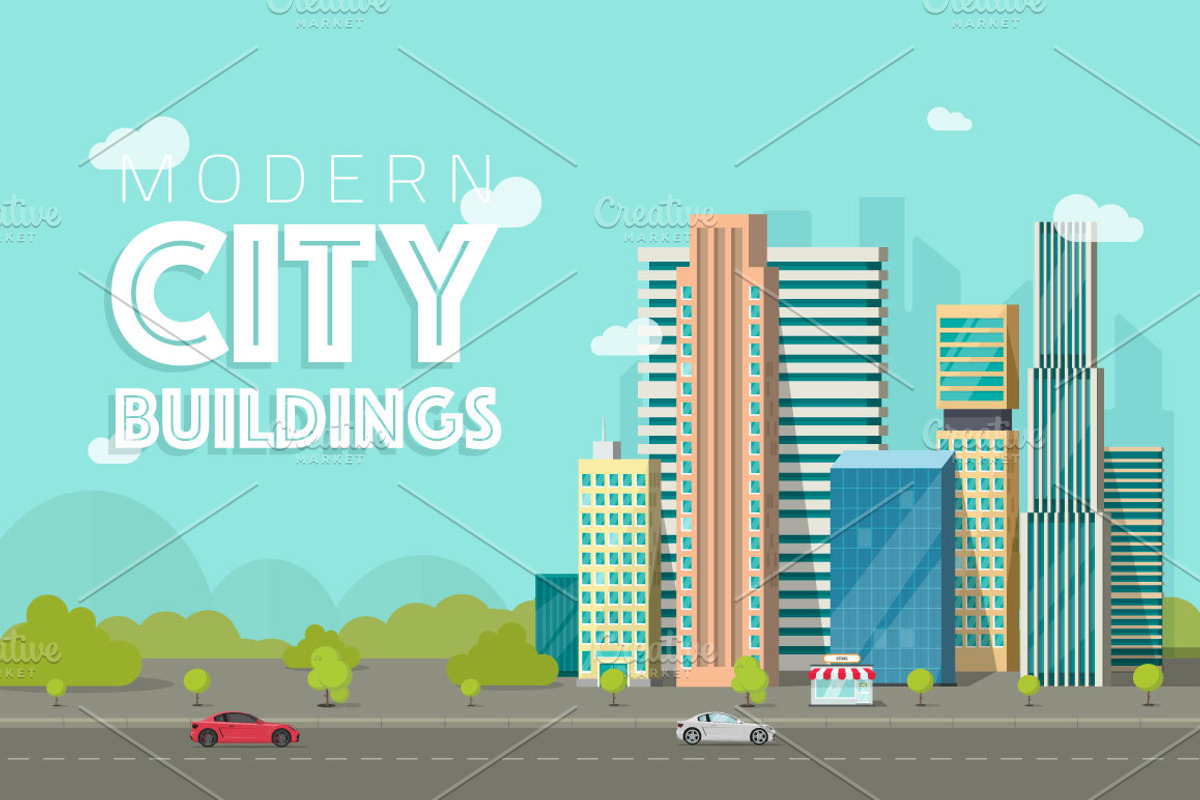 City Buildings Landscape Vector Set, an Illustration by vladwel (Photo 1 of 6)