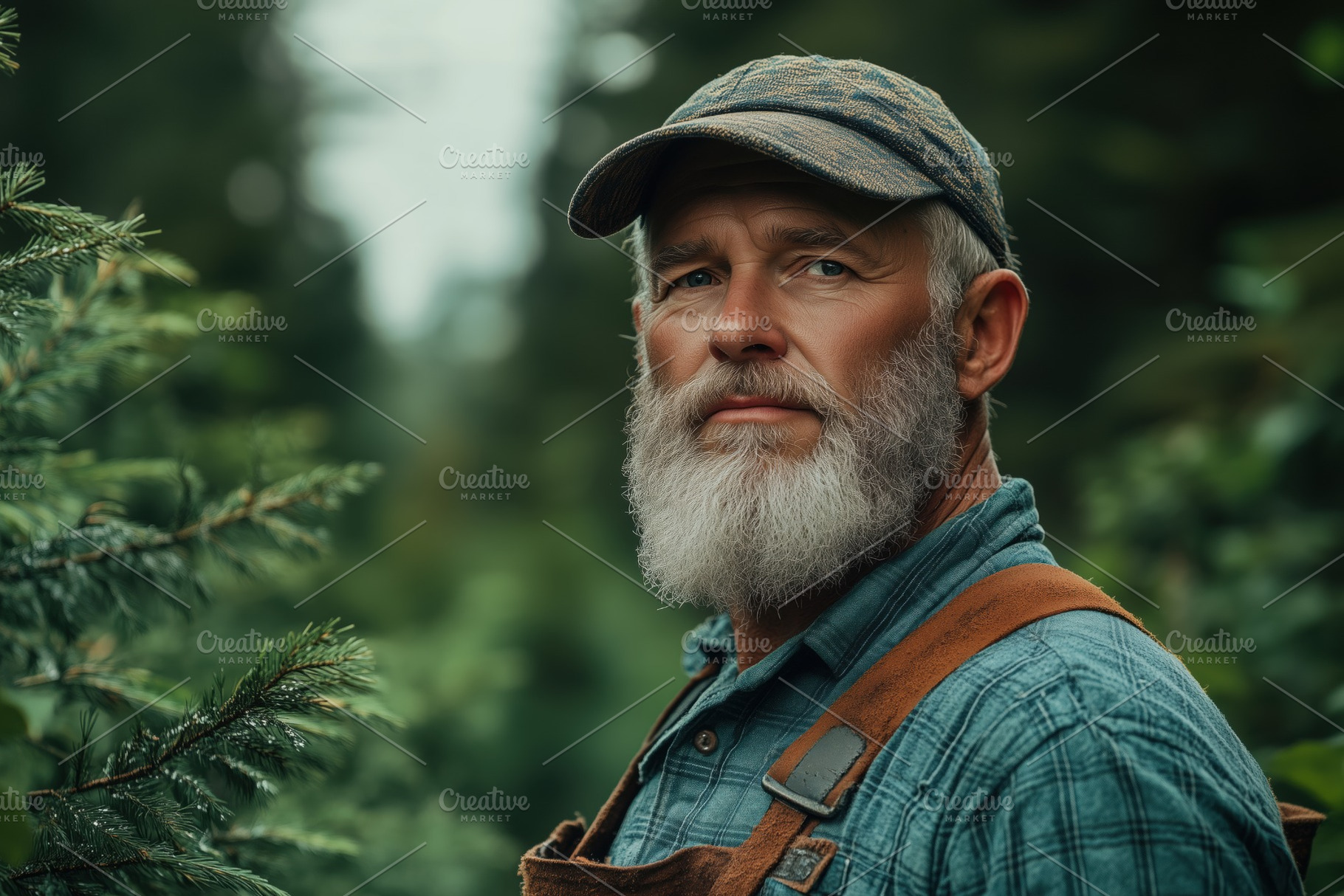 A mature forester man with a beard wearing a cap and overalls stands among lush, a Person Photo by Textures & Backgrounds