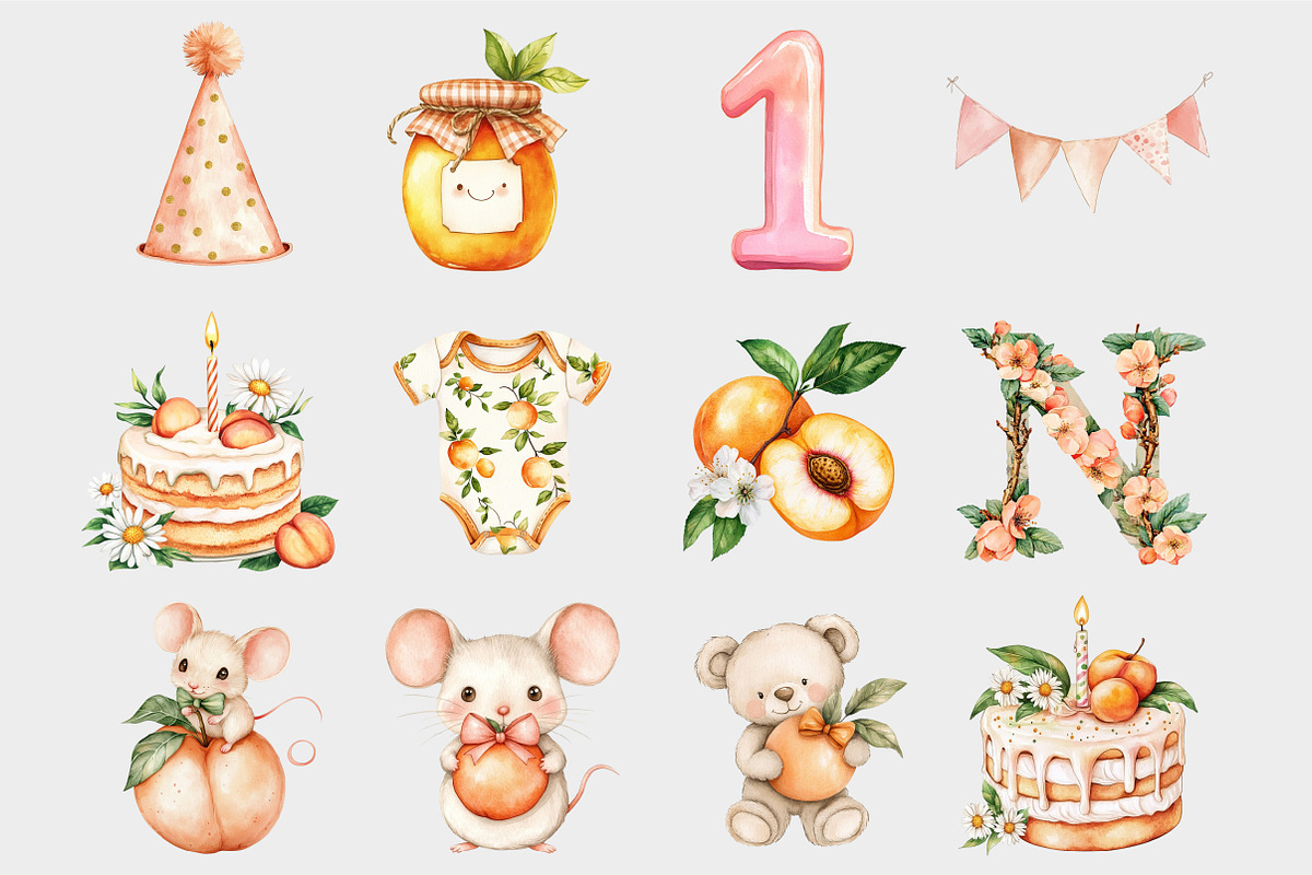 Watercolor Peach One Birthday Clipar, a Seasonal Illustration by Design Market (Photo 4 of 5)