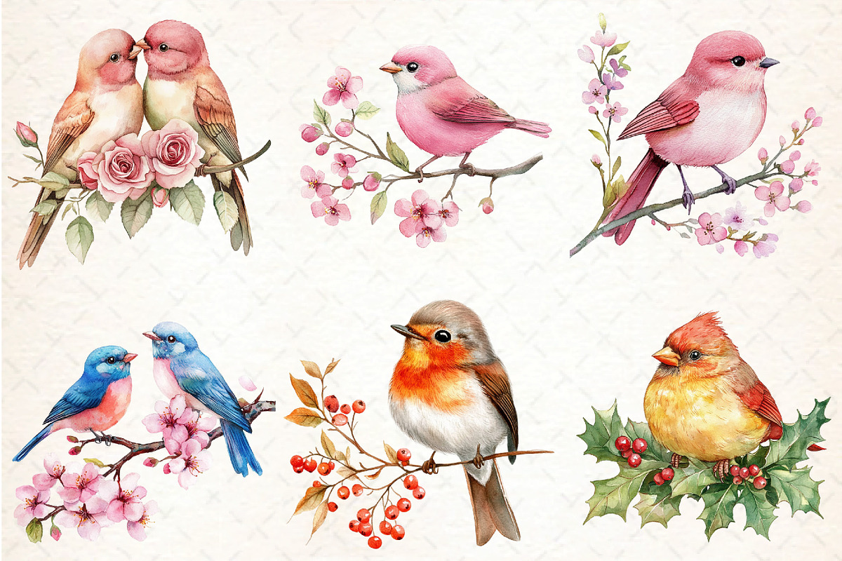 Cute Birds on Branch Clipart, an Illustration by DreamCafeArt (Photo 4 of 9)