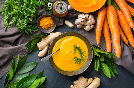 Seasonal spicy fall autumn creamy pumpkin and carrot soup, a Food & Drink Photo by Antonina Vlasova
