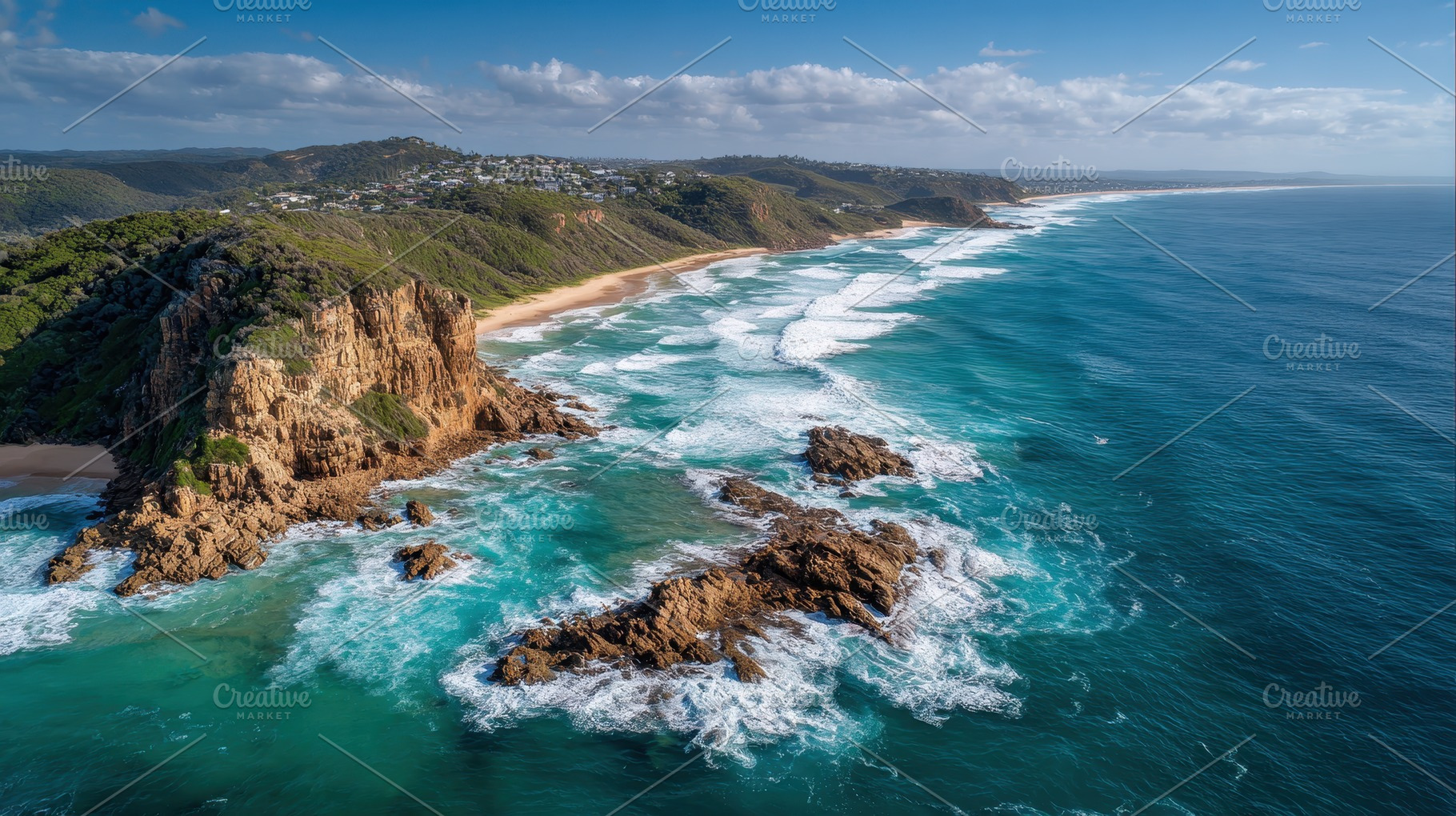 rocky outcrops and foamy waves crash, a Photo by Pavel_design