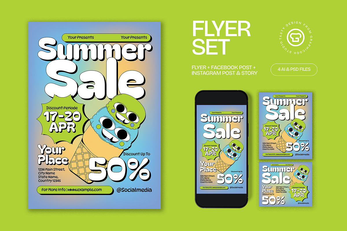 Blue Quirky Summer Sale Flyer Set, a Flyer Template by graphicook (Photo 1 of 3)