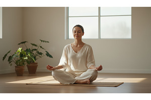 Calm woman meditating in bright, an Architecture Photo by Igor Tichonow