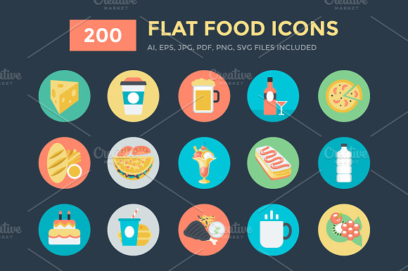200 Flat Food Vector Icons